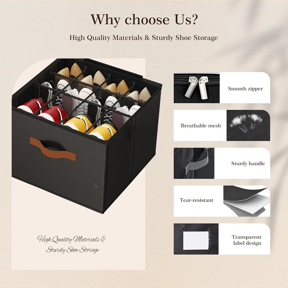 12-Pair Foldable Fabric Shoe Storage Box with Dustproof Cover