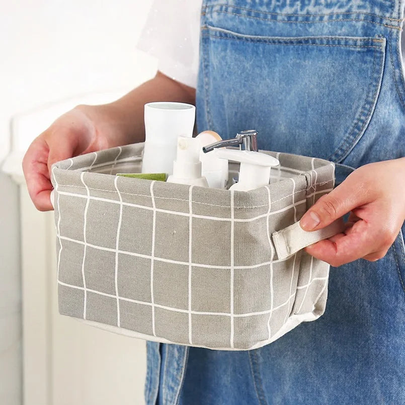 Cotton Linen Storage Basket with Handle – Tabletop Organizer