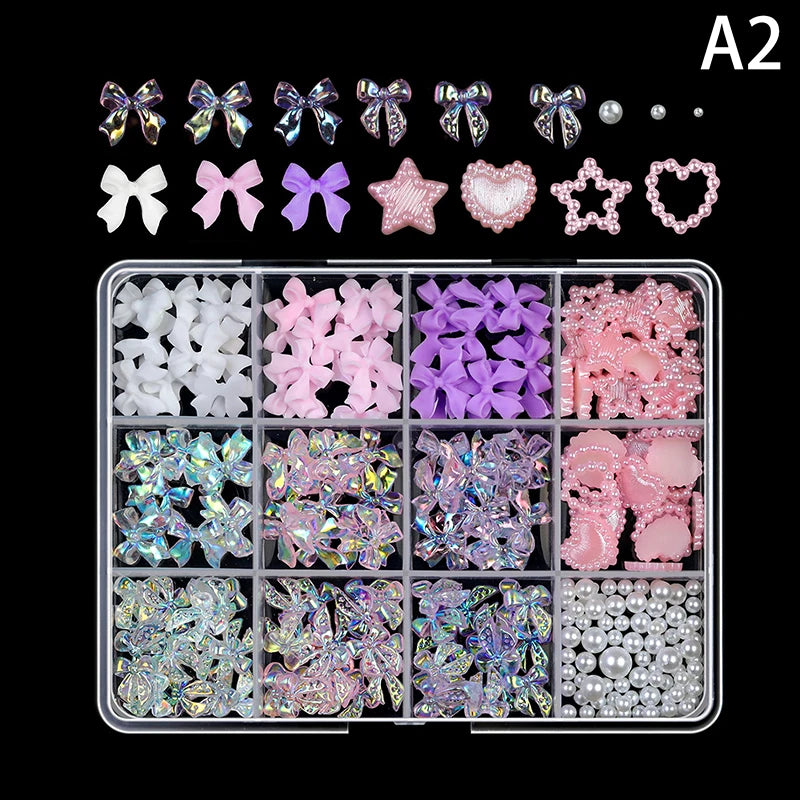 12-Grid 3D Resin Nail Art Charms – Bowknot Bear Heart Flower