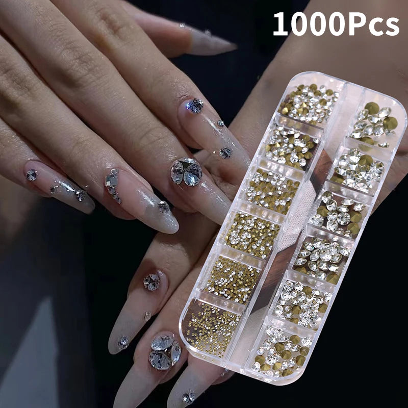 12-Grid 3D Nail Rhinestones – 1000Pcs Crystal Gem Manicure Set