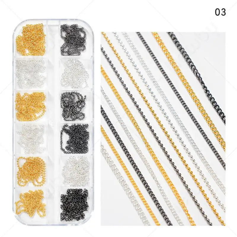 12-Grid Metal Nail Art Chains Gold Silver Black 3D Charms