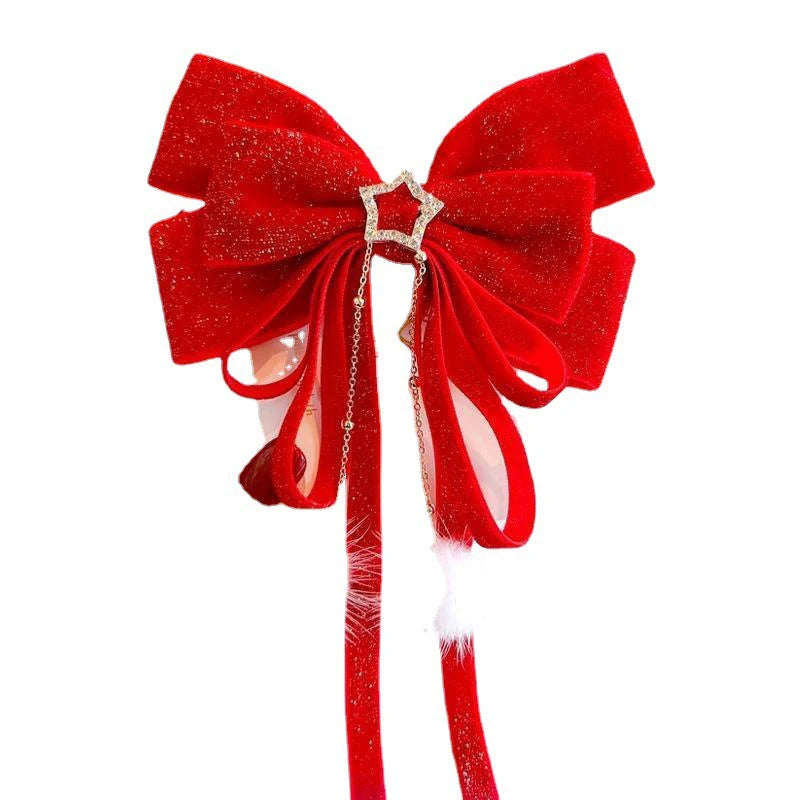 Red Velvet Gold Bow Hair Clip – Christmas Barrette for Girls