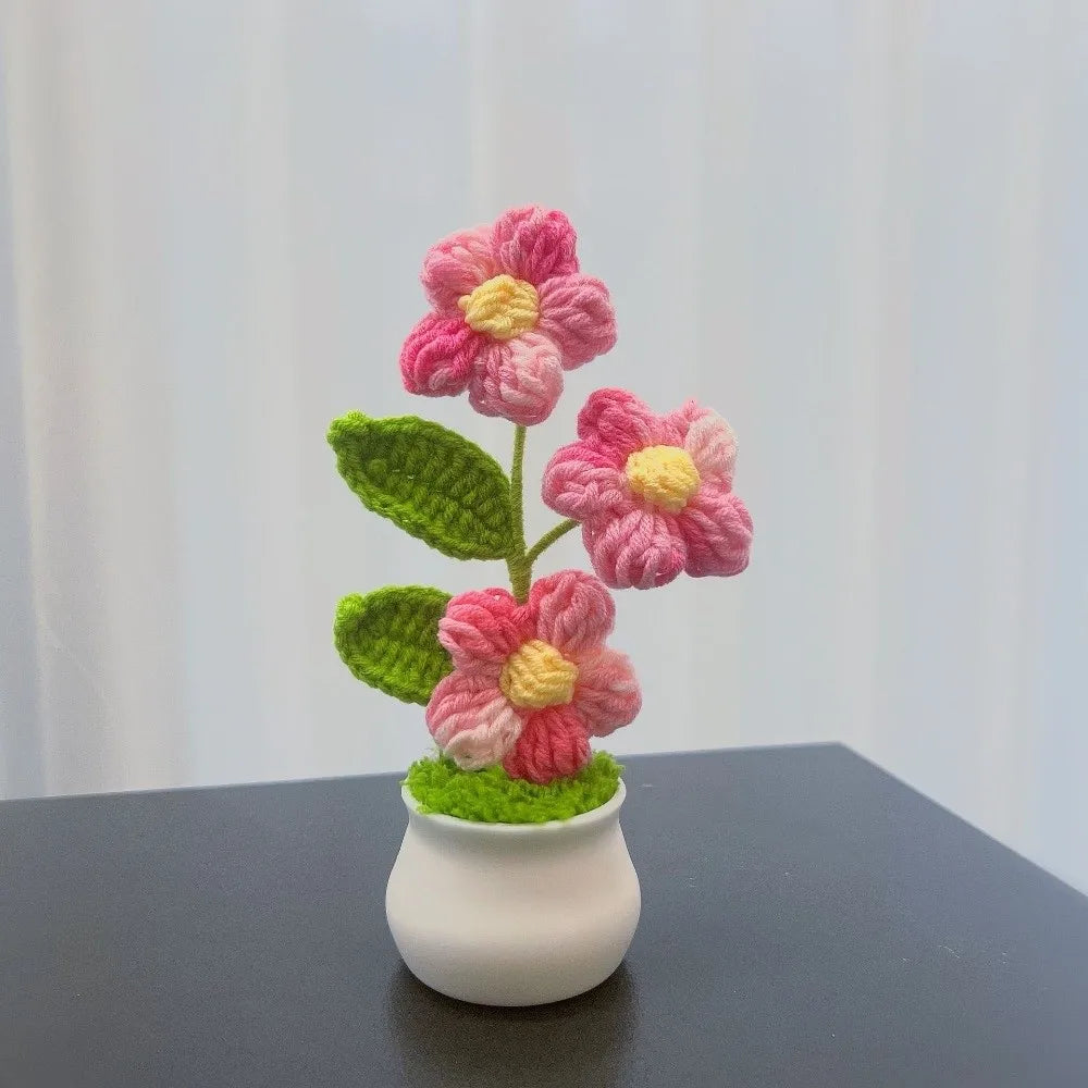 Mini Handwoven Crochet Rose Flower Pot – Decorative Gift