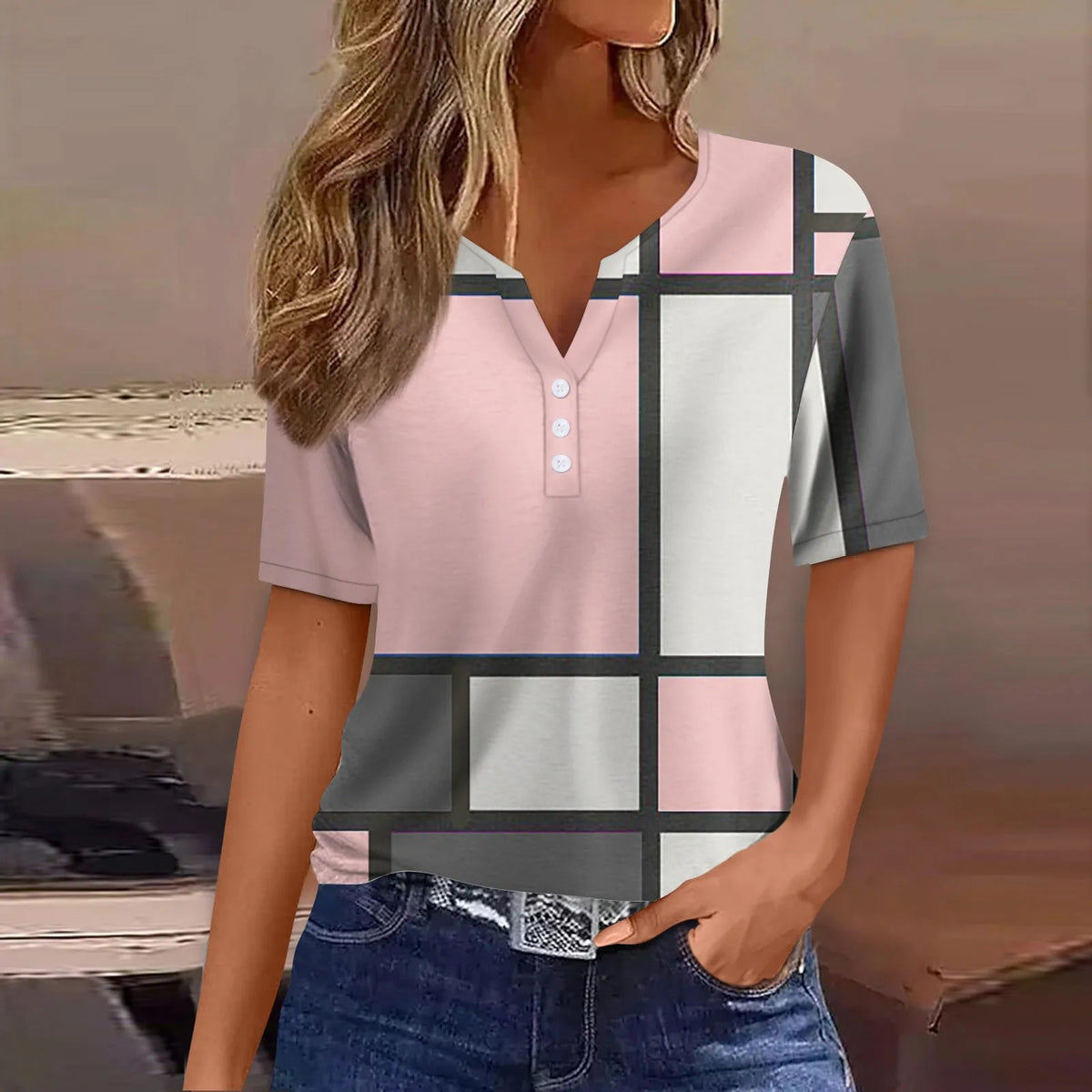 Women's Patchwork V-Neck T-Shirt Short Sleeve Casual Top S–XXXL