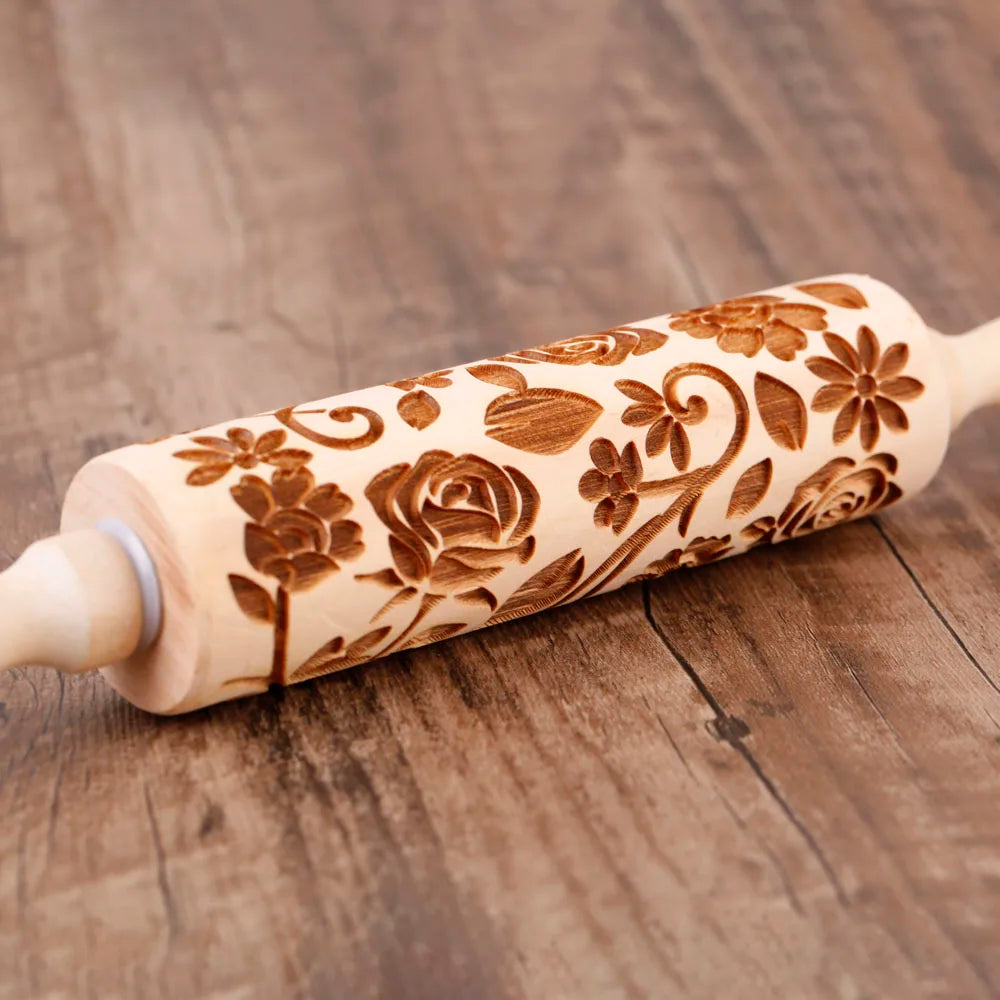 Rose Embossed Wooden Rolling Pin 13.7in – Pastry Baking Tool