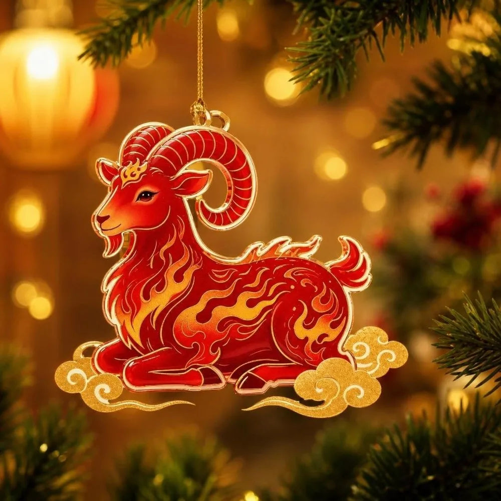 Acrylic Chinese Zodiac Goat Pendant – Red & Gold Car Keychain