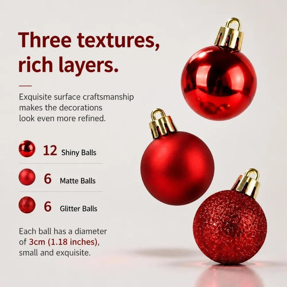 24-Pack Glitter Christmas Baubles 3cm Electroplated Tree Ornaments