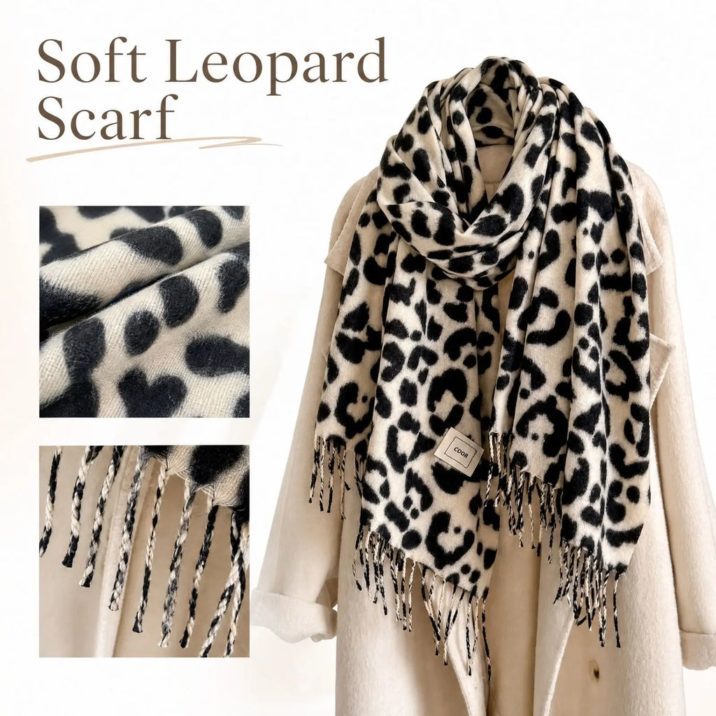 Women's Leopard Print Winter Scarf Shawl with Tassels
