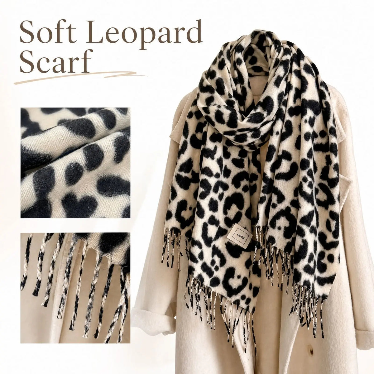 Women's Leopard Print Winter Scarf Shawl with Tassels