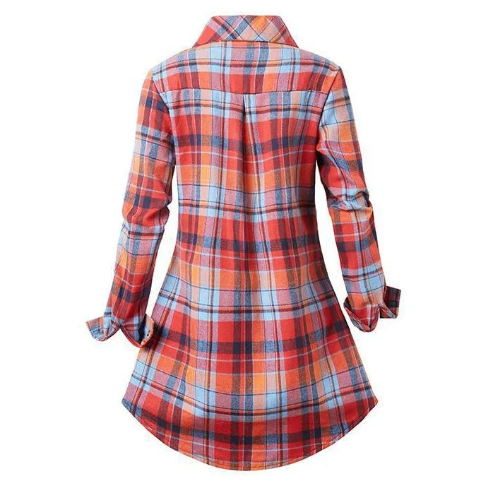 Women's Plaid Long Sleeve Shirt Dress – Lapel Collar & Pockets