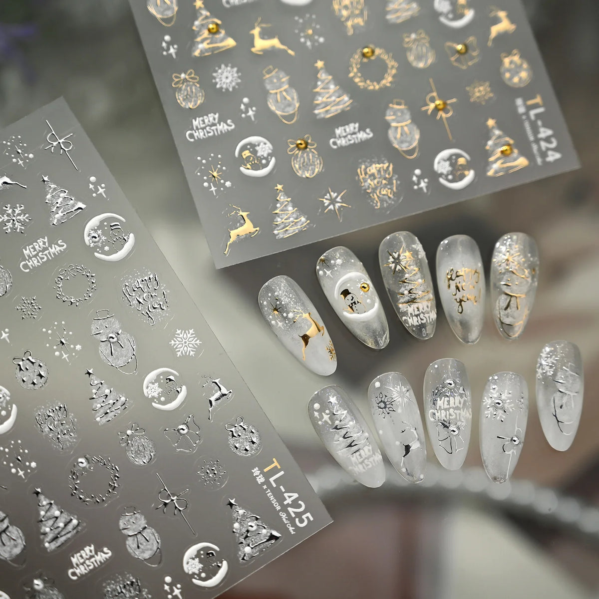 Christmas Metal Nail Stickers 3D Trees Snowflakes Snowmen DIY