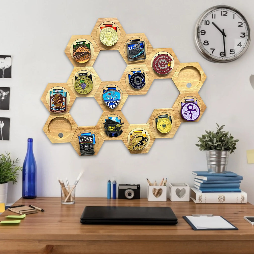 Hexagonal Wooden Medal Display Stand – Honeycomb Wall Hanger