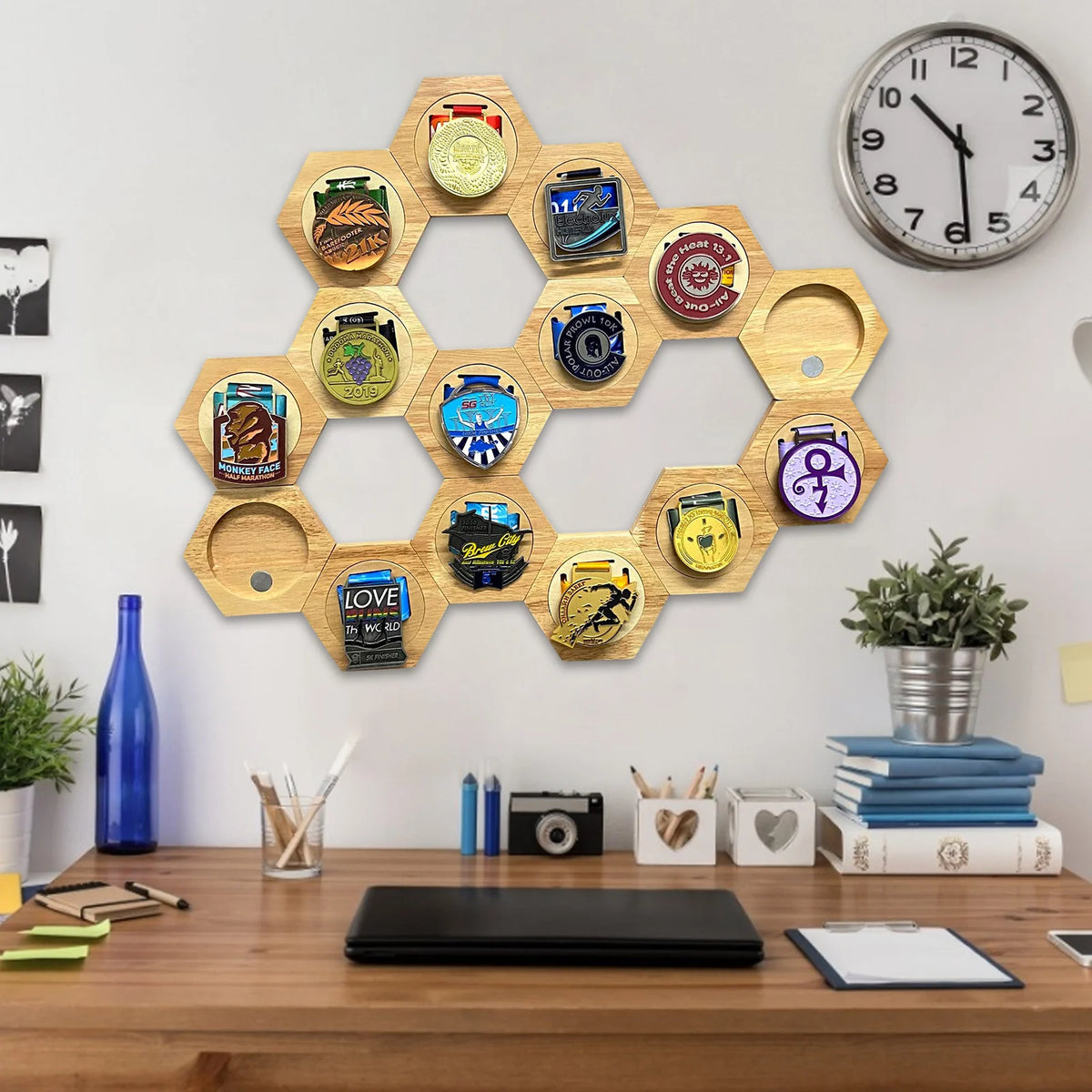 Hexagonal Wooden Medal Display Stand – Honeycomb Wall Hanger
