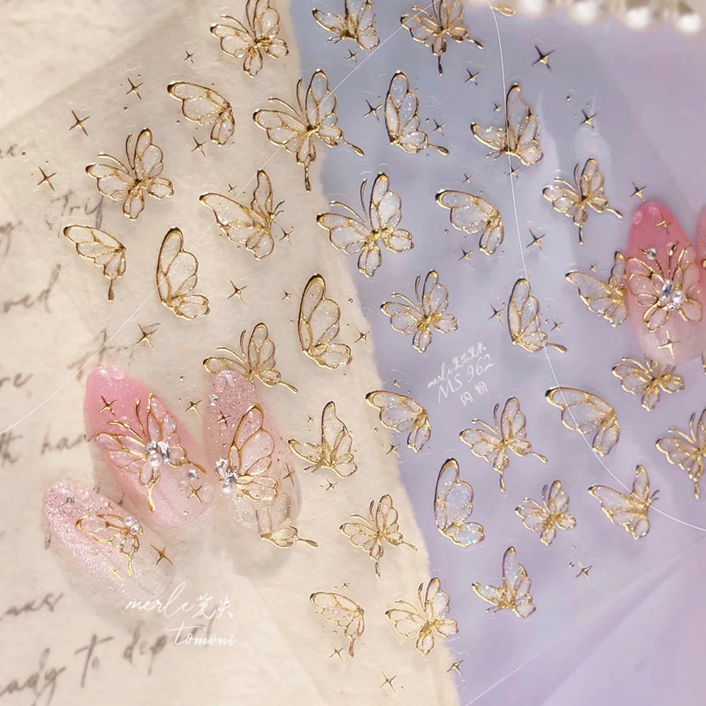 5D Jelly Nail Stickers – Gold Butterfly 3D Manicure Decals