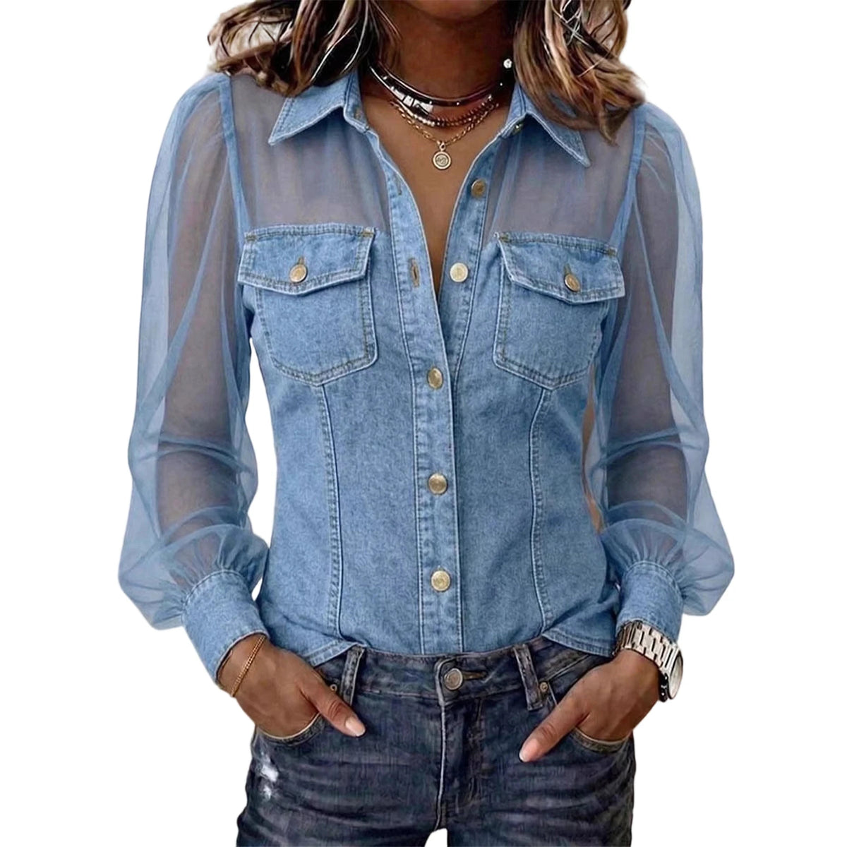 Women's Sheer Sleeve Button-Down Blouse | Elegant Collared Top
