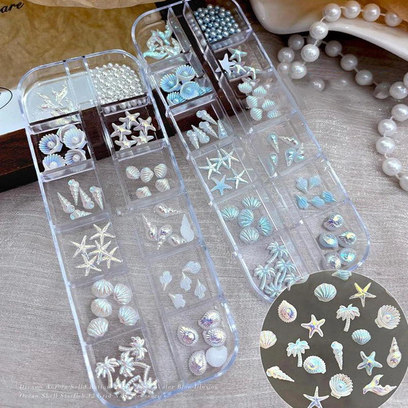 12-Grid Ocean 3D Nail Charms – Shells, Starfish & Mermaid