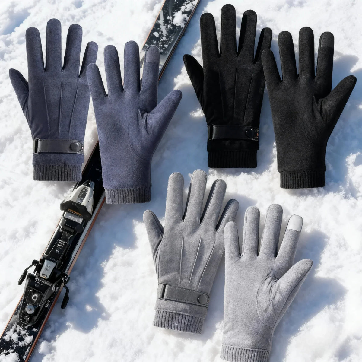 Men's Suede Winter Gloves Touchscreen Ski Driving Mittens