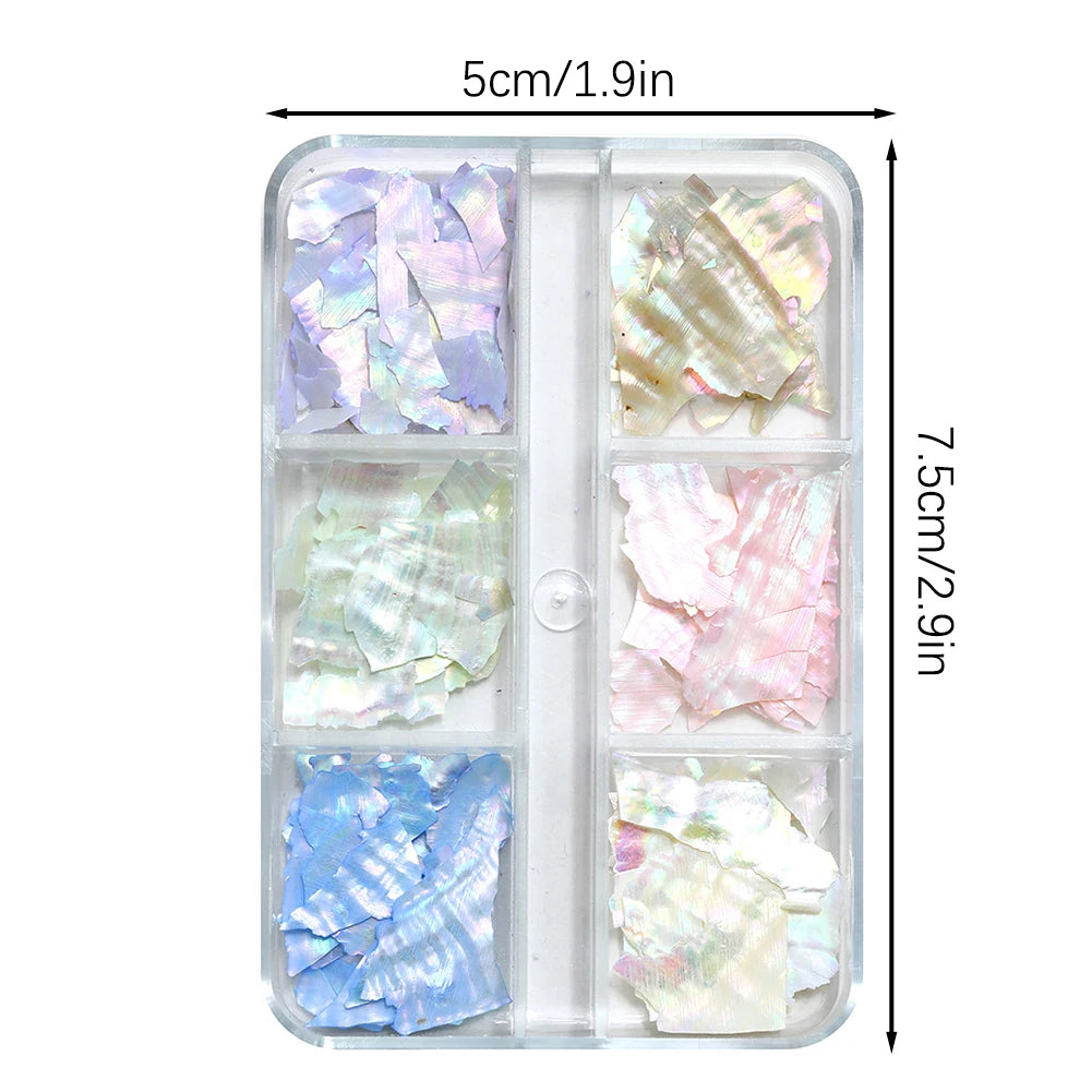 6-Grid Abalone Shell Nail Art Iridescent Pearl Flakes Manicure Set