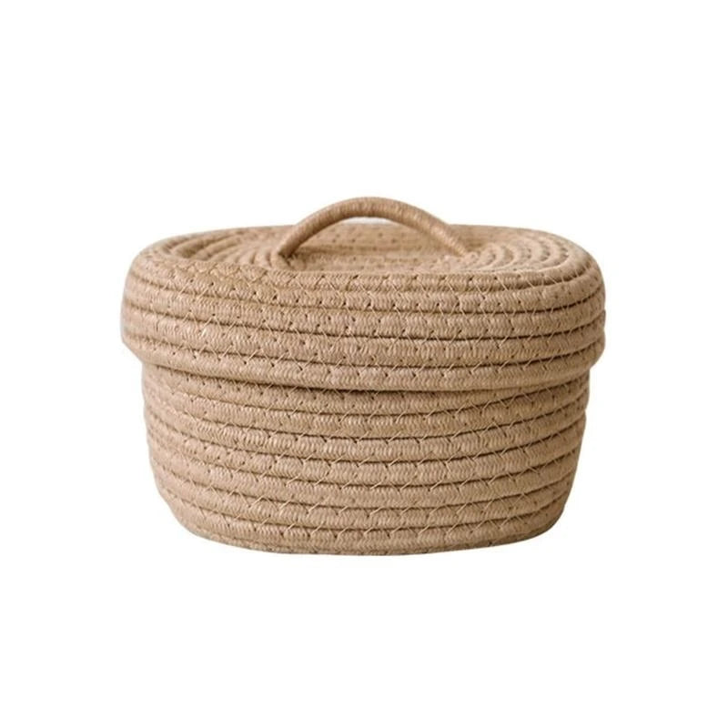 Woven Cotton Rope Oval Storage Box with Lid | Desk Organizer