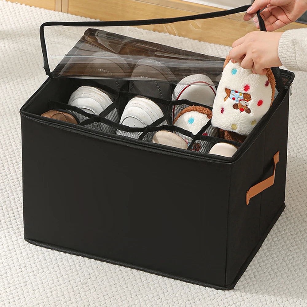 12-Pair Foldable Fabric Shoe Storage Box with Dustproof Cover