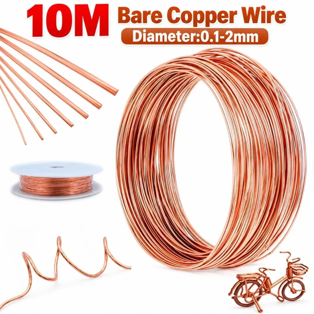 T2 Pure Bare Copper Wire 0.1–2mm Round Solid Coil 10M