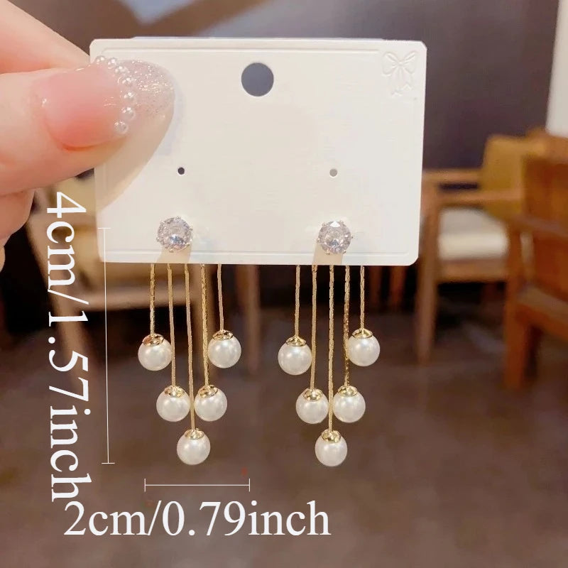Pearl Tassel Drop Earrings 925 Silver Needle – Set of 2