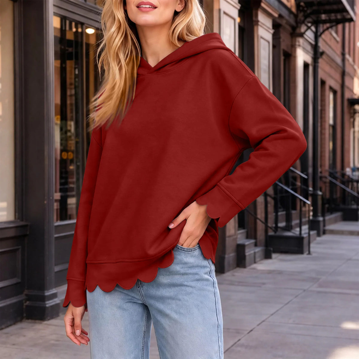 Women's Scallop Hem Hoodie Loose Long Sleeve Pullover Sweatshirt