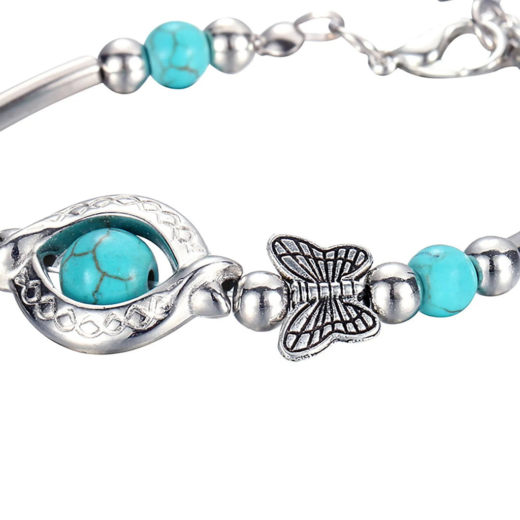 Vintage Turquoise Butterfly Bracelet – Bohemian Silver Chain