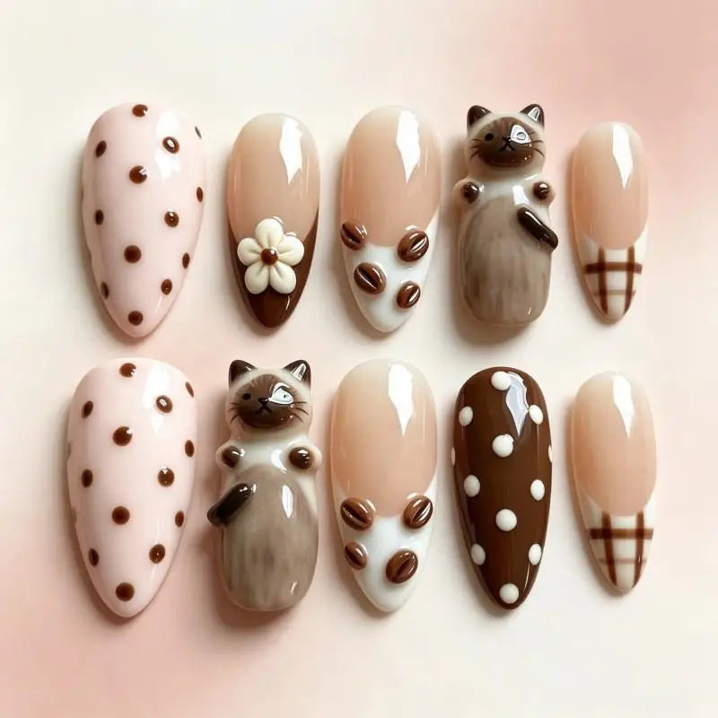 30Pcs Pink Brown Floral Press-On Nails – Cat Almond Tips Set