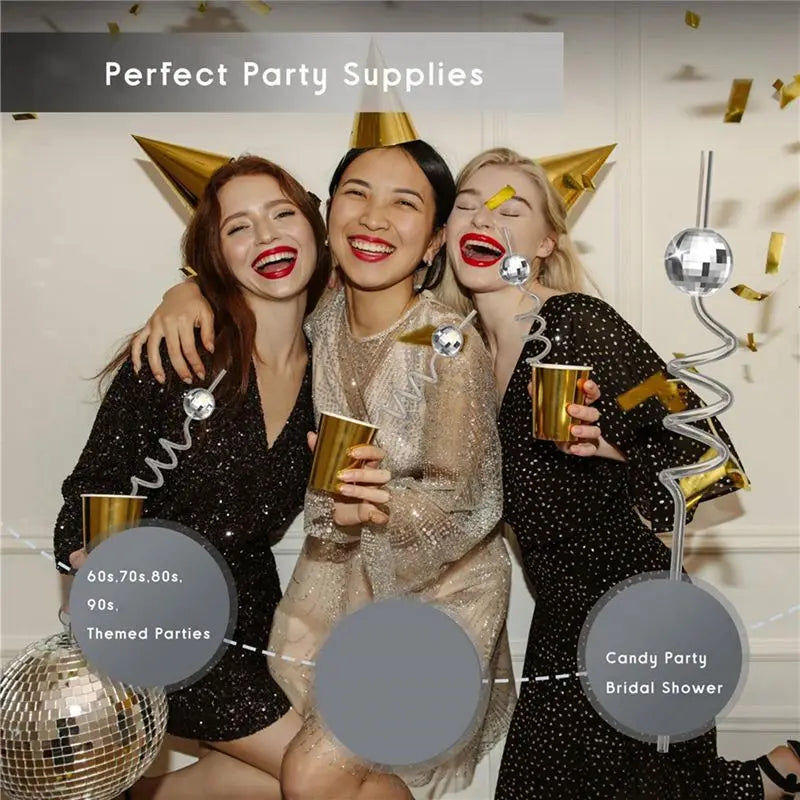 48-Pack Silver Disco Ball Straws – 70s Party Decorations