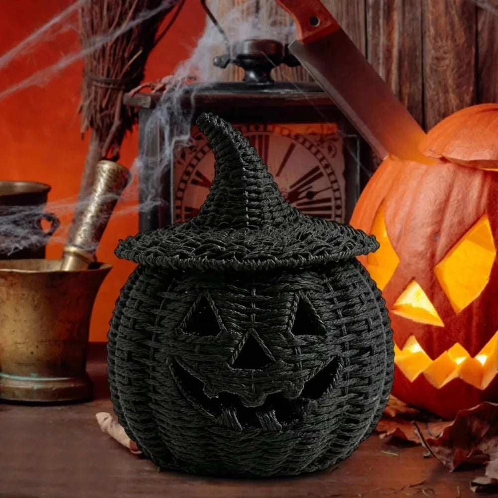 Halloween Woven Seagrass Pumpkin Basket | Witch Hat & LED