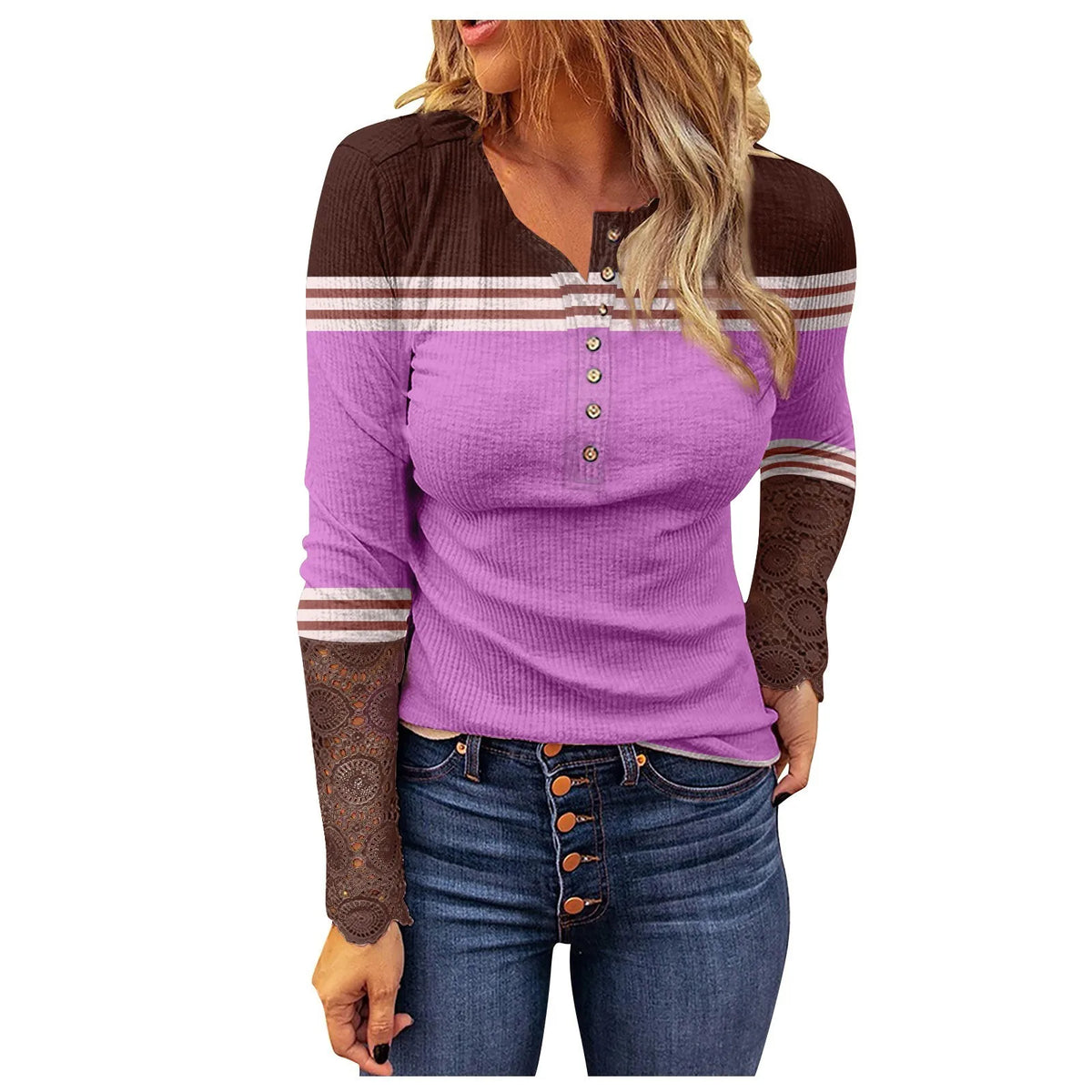 Women's Striped Henley Shirt – Long Sleeve Loose Tunic Blouse