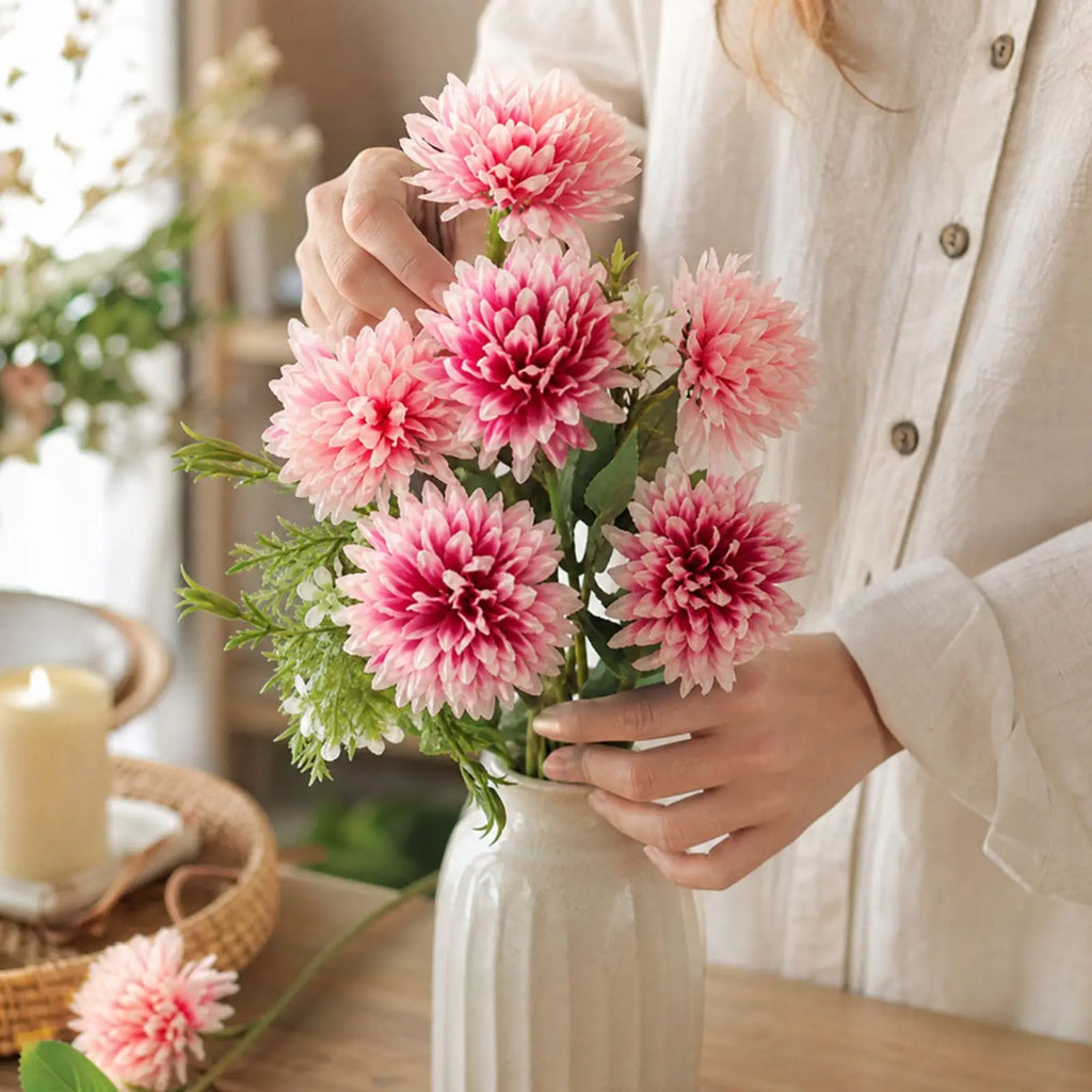 Artificial Silk Chrysanthemum Pompom Bunches – 3-Pack Fall Decor