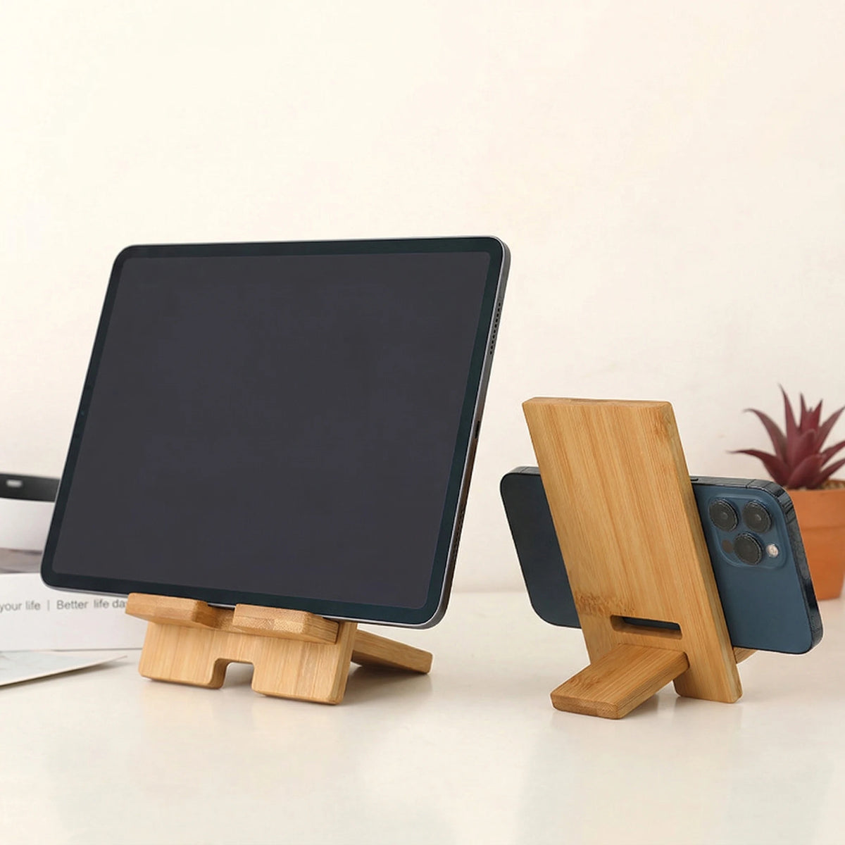 Wooden Phone Stand 2-Pack Foldable Desktop Tablet Holder