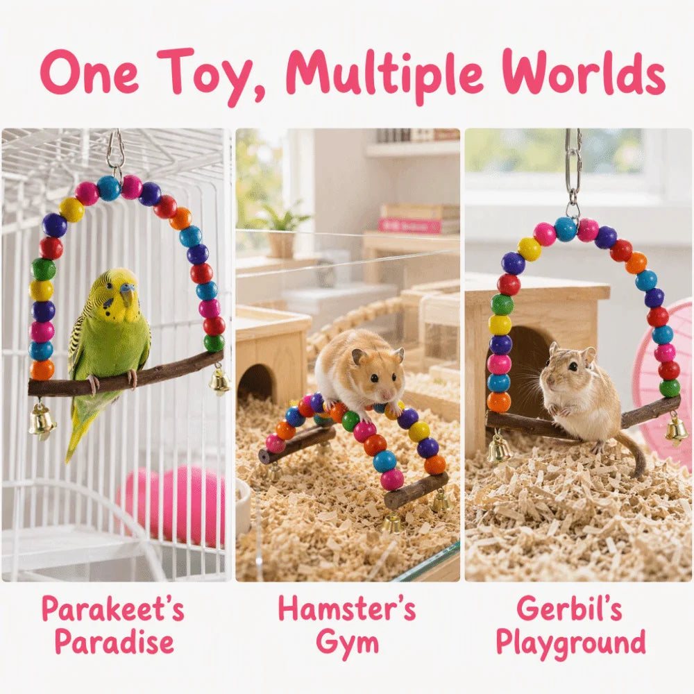 Colorful Wooden Bird Swing Toy with Bells – Parrot Perch