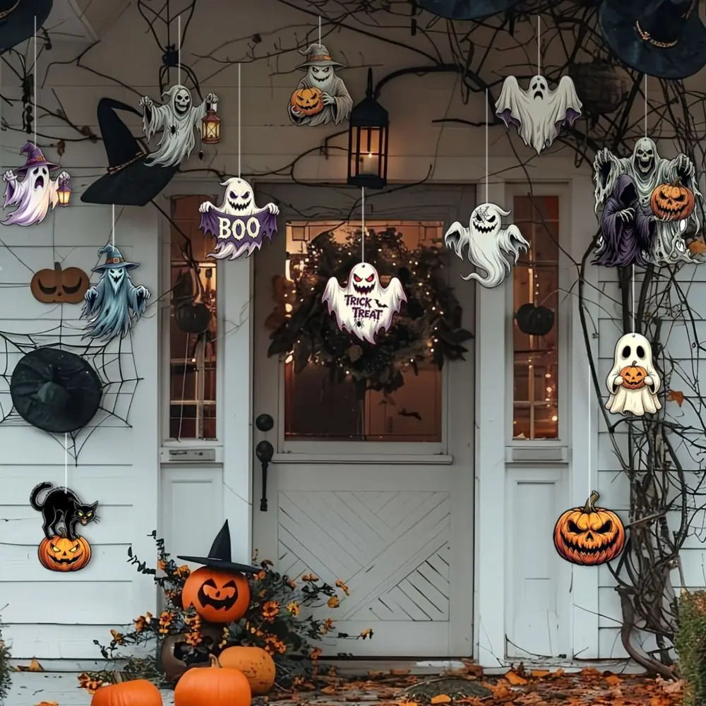 12-Pack White Hanging Paper Ghost Ornaments – Halloween Decor