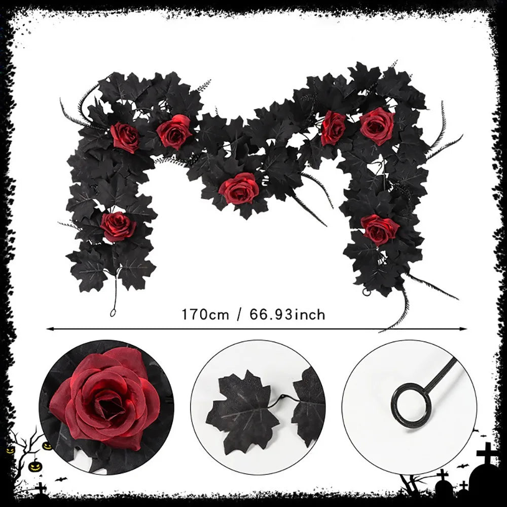 Halloween Maple Leaf Garland – Silk Faux Leaves & Gold Berries