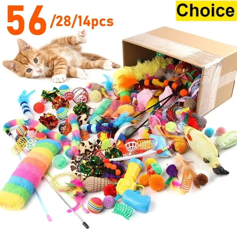 Cat Toys Mixed Pack – 14, 26 or 56 Piece Plastic & Plush Set
