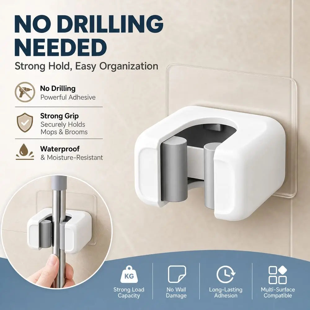 No-Drill Wall Mount Mop & Broom Holder Hook – Strong Adhesive