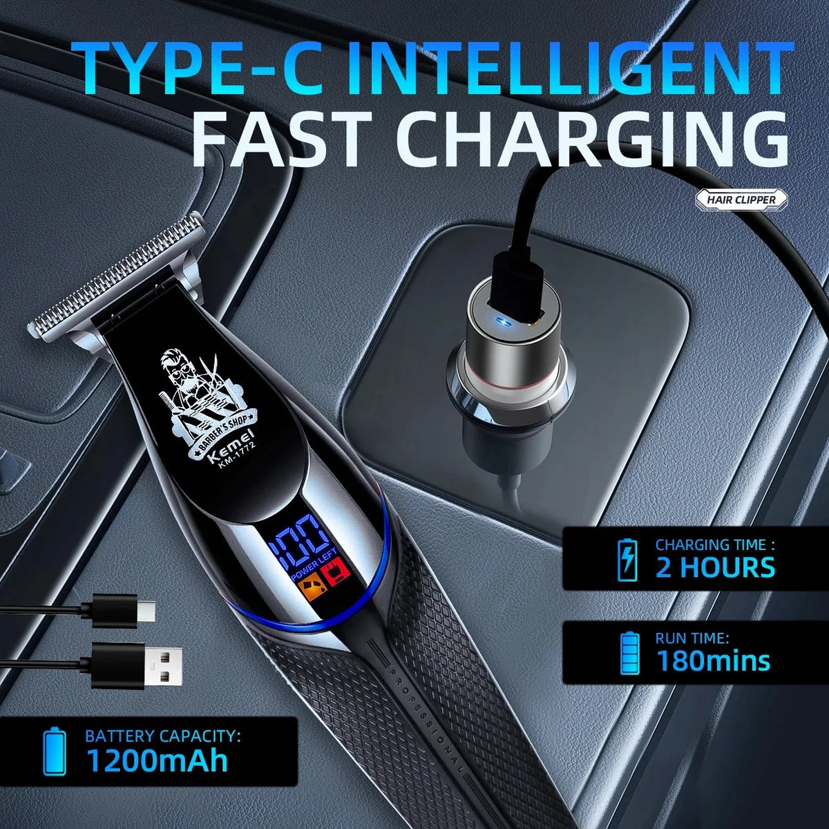 Kemei KM-1772 Cordless Hair Trimmer Clipper 7000RPM Zero Gap