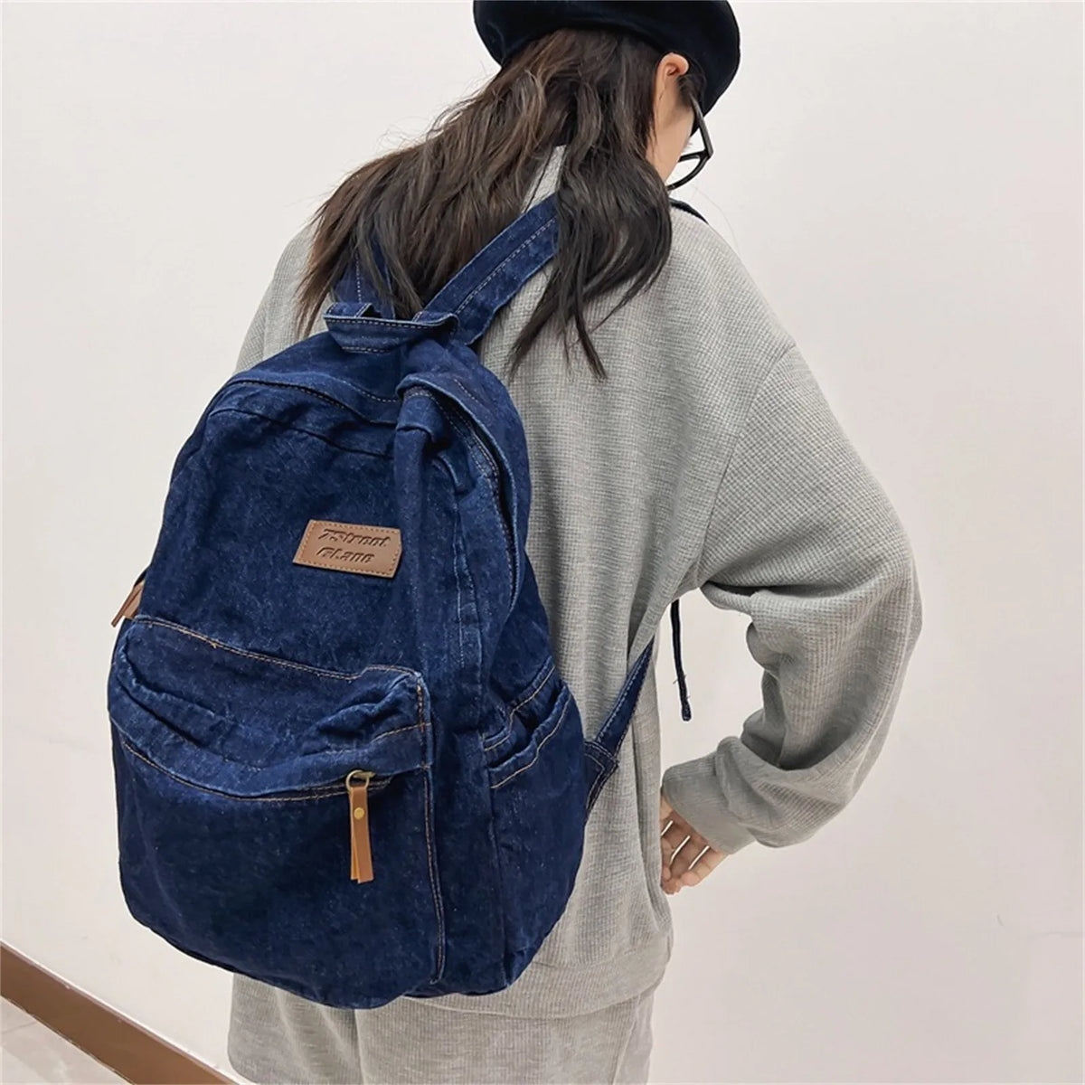 Vintage Washed Denim Backpack – Retro Rucksack for Women