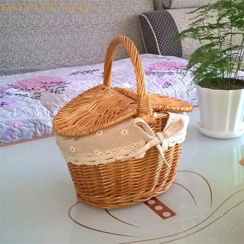 Wicker Fruit Basket with Handle & Double Lid | Rattan Hamper