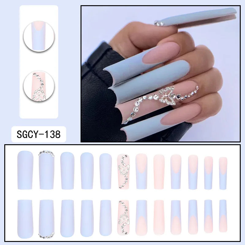 24Pcs Press On Nails with Glue – Long Acrylic False Nail Tips