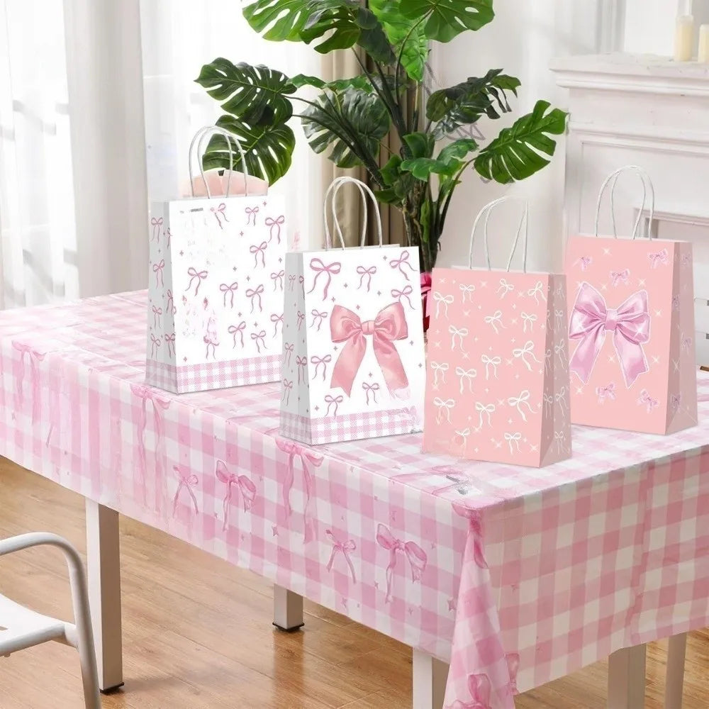 5-Pack Pink Kraft Paper Gift Bags with White Bow | Birthday