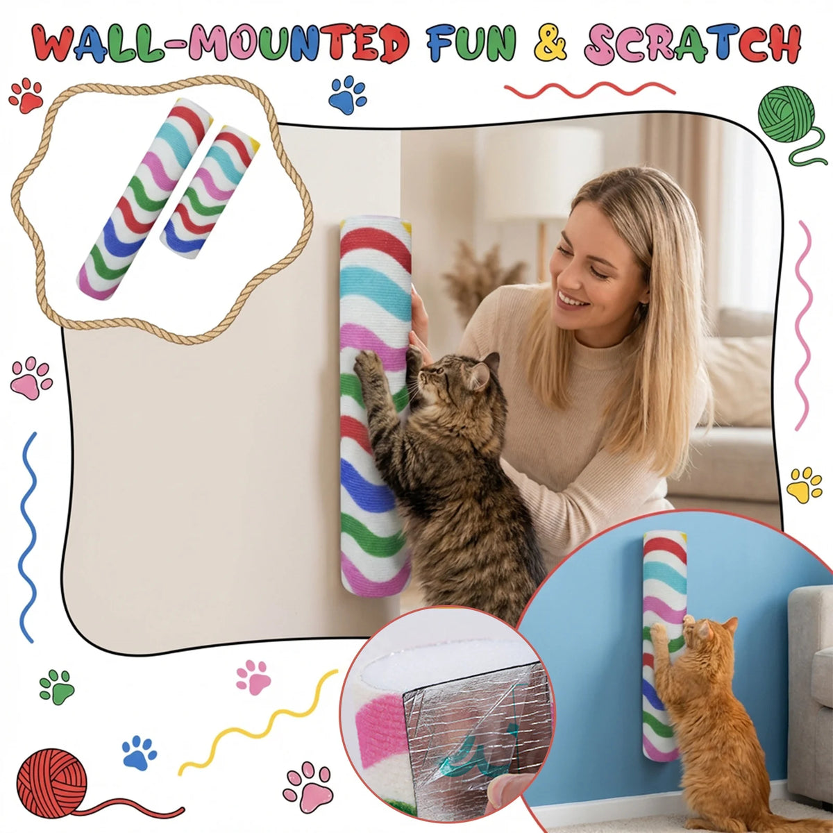 Wall Mounted Cat Scratcher Self-Adhesive Climbing Shelf & Post