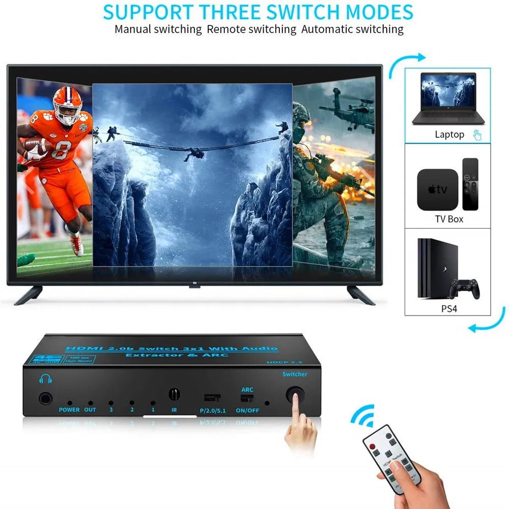 4K 60Hz HDMI 3x1 Switch Audio Extractor ARC SPDIF Toslink