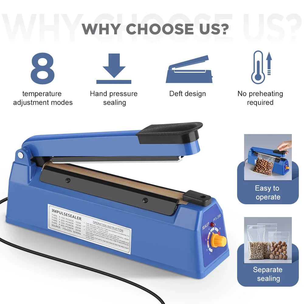 FLAREMORE 200mm Impulse Heat Sealer – 8 Levels, 220V EU