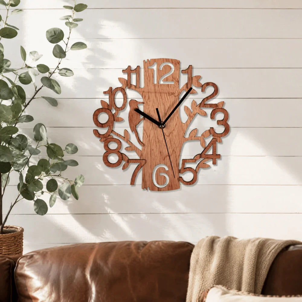 10" Round Wooden Wall Clock – Silent Sweep, Tree & Bird Cutout