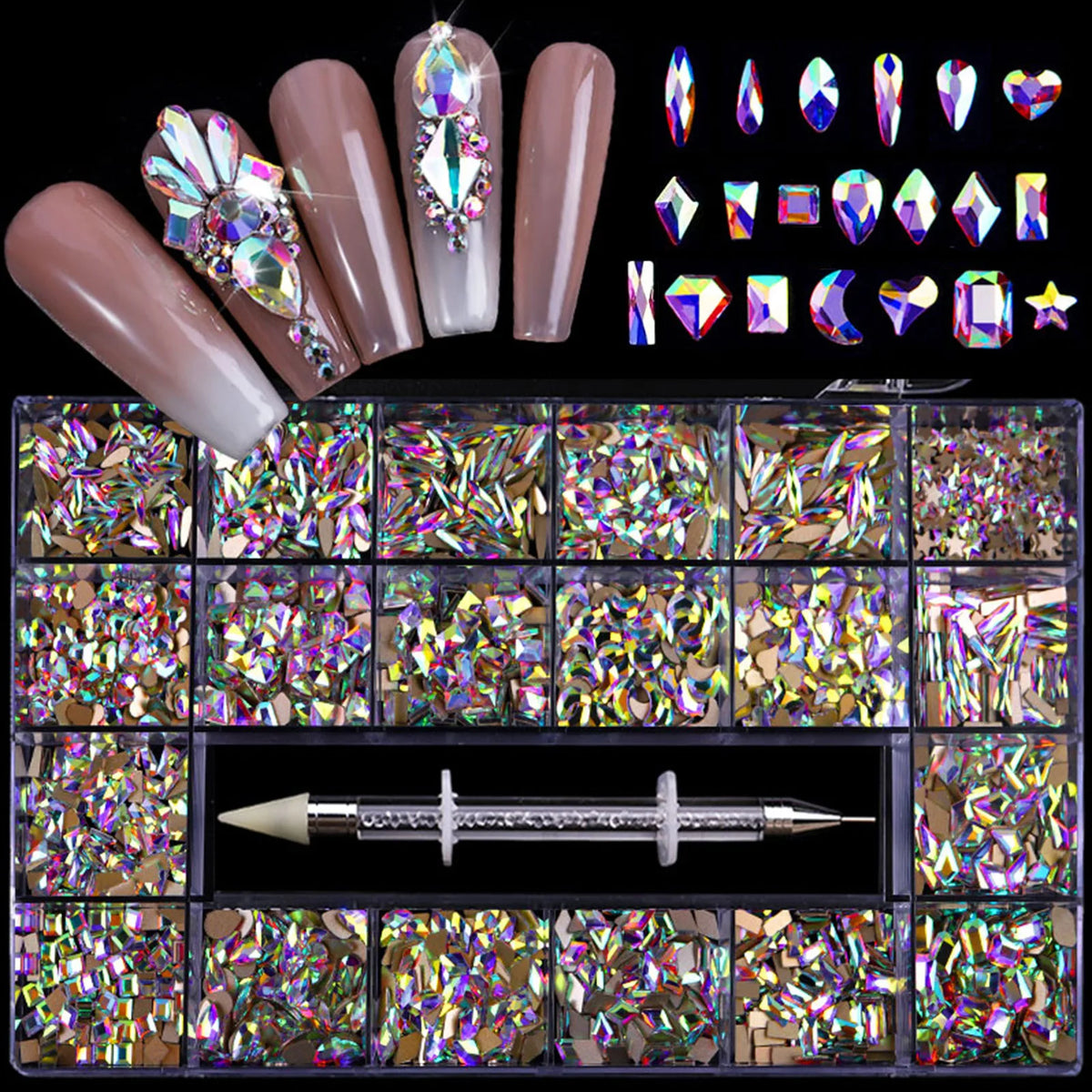 480pcs Nail Rhinestone Set – 21 Grid Mixed Diamond Gems