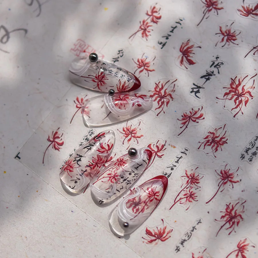 Red Spider Lily & Peony Nail Stickers – Floral Manicure Decals